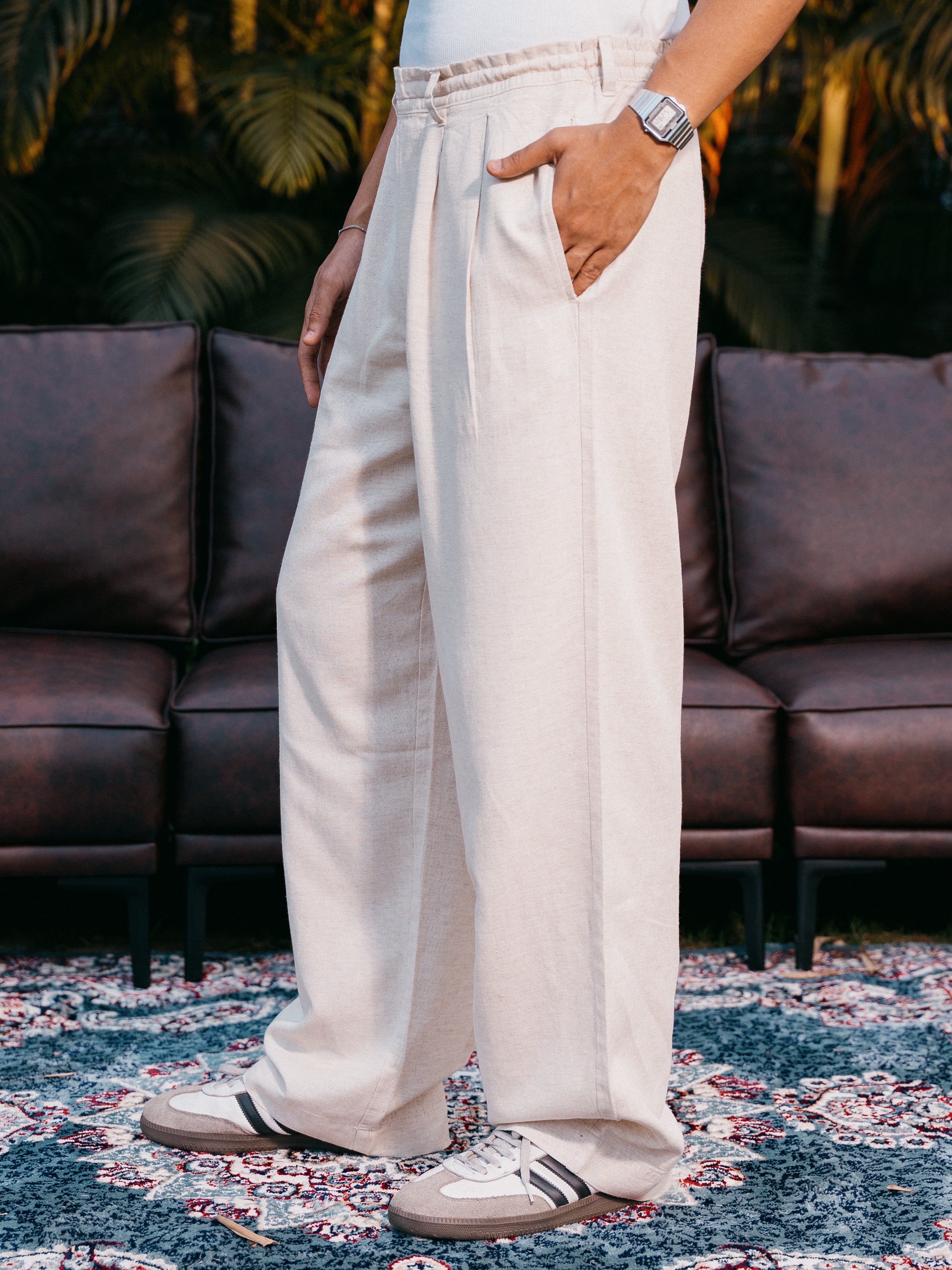 Straight Leg Pleated Linen effect Pants For Men - Sand