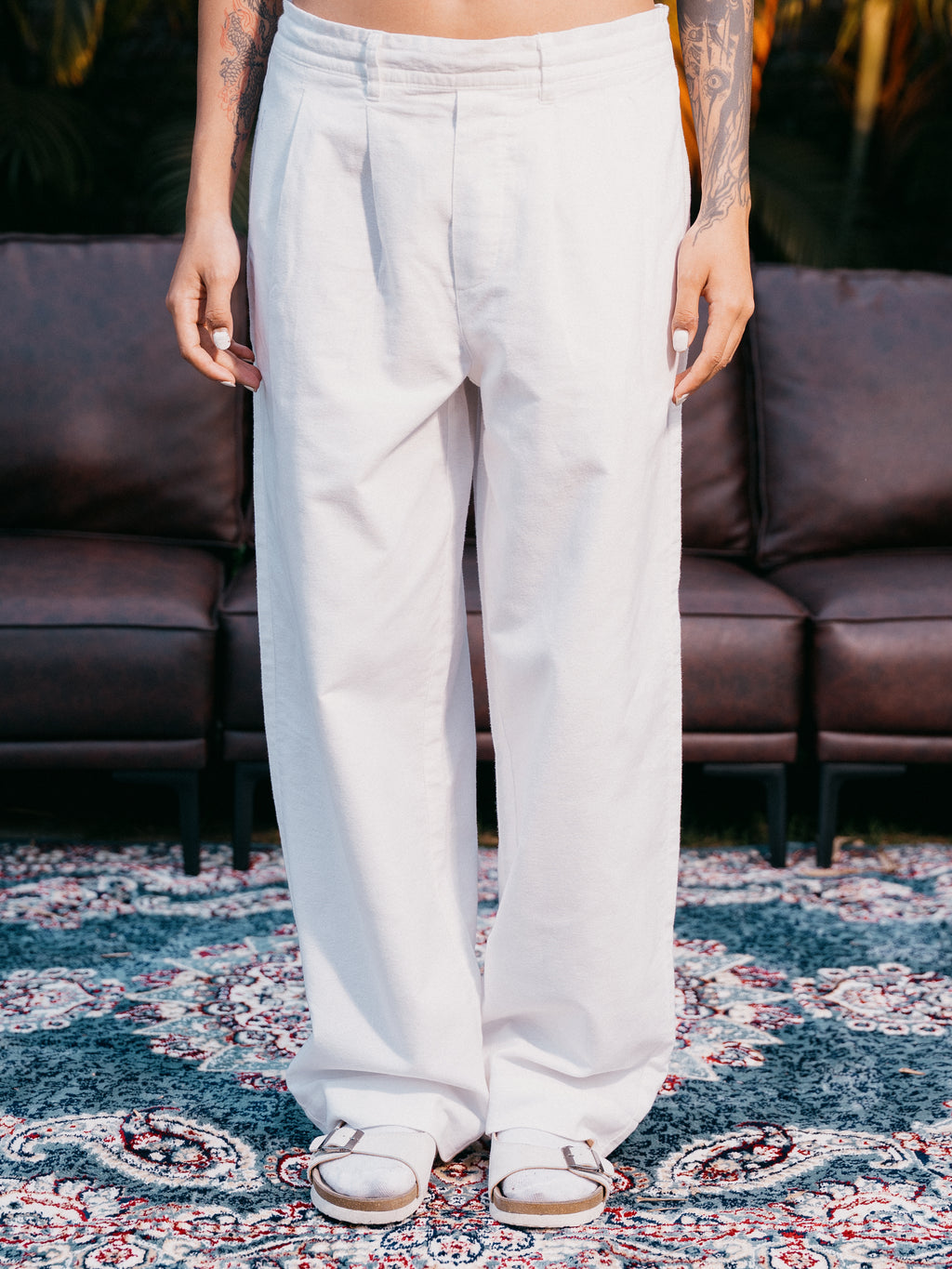 Straight Leg Pleated Linen effect Pants For Women - White