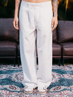 Straight Leg Pleated Linen effect Pants For Women - White