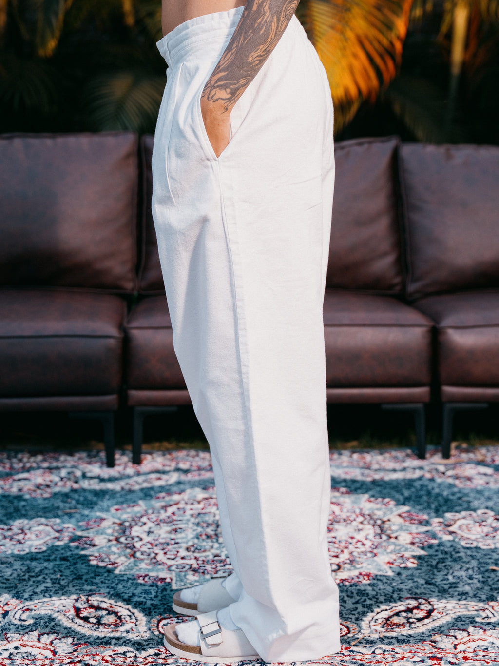 Straight Leg Pleated Linen effect Pants For Women - White