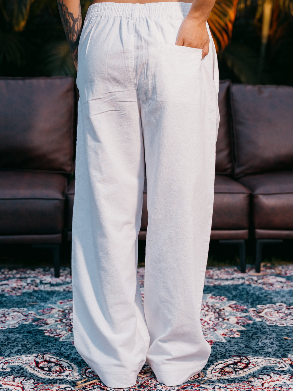 Straight Leg Pleated Linen effect Pants For Women - White