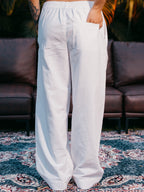 Straight Leg Pleated Linen effect Pants For Women - White
