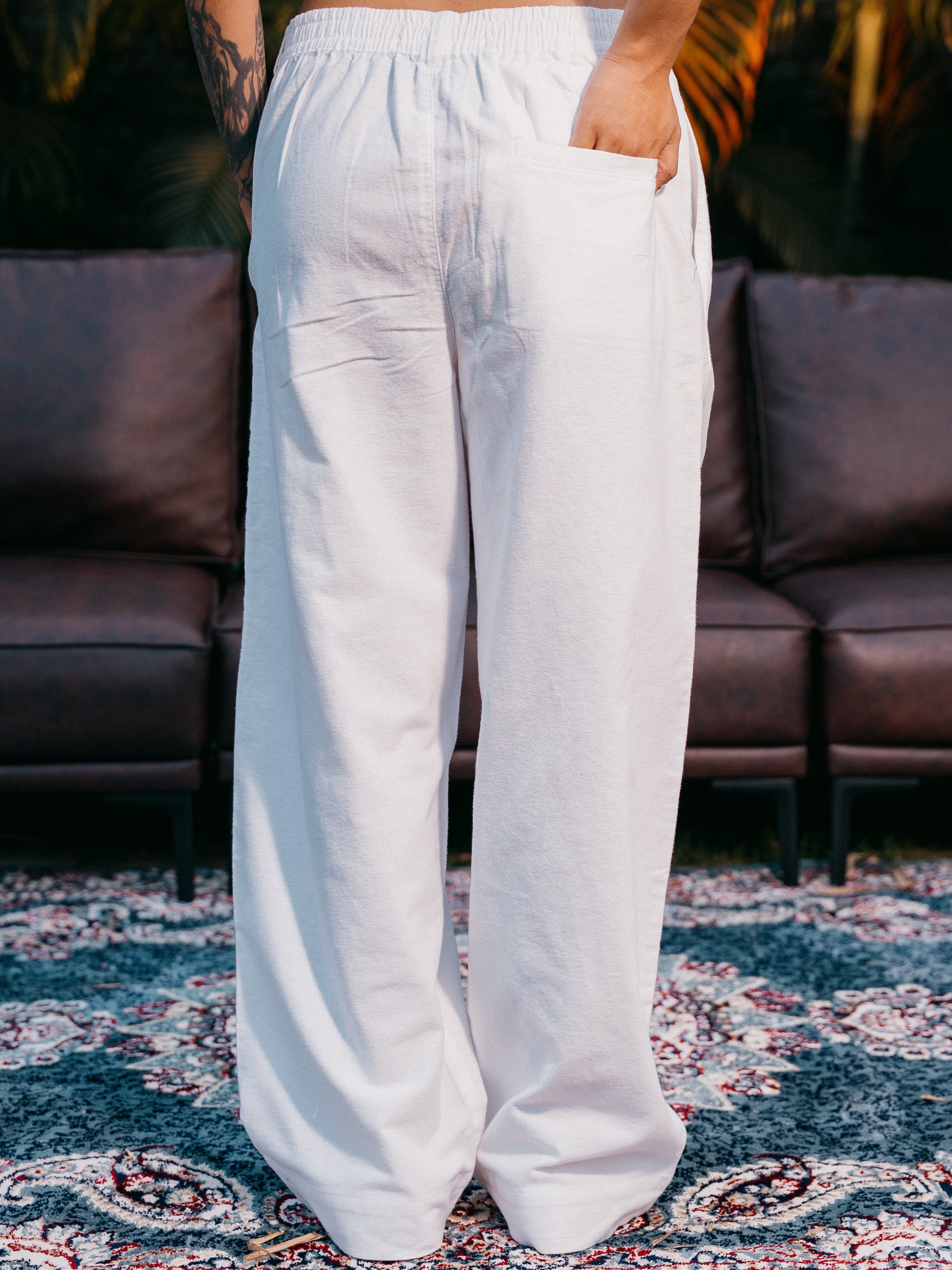 Straight Leg Pleated Linen effect Pants For Women - White