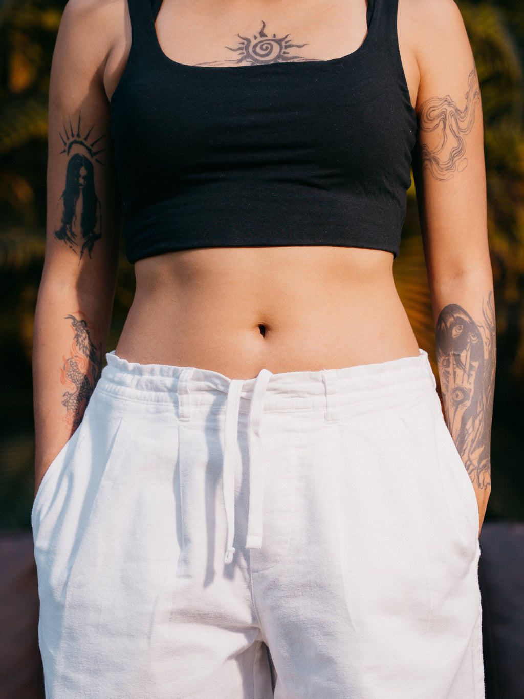 Straight Leg Pleated Linen effect Pants For Women - White