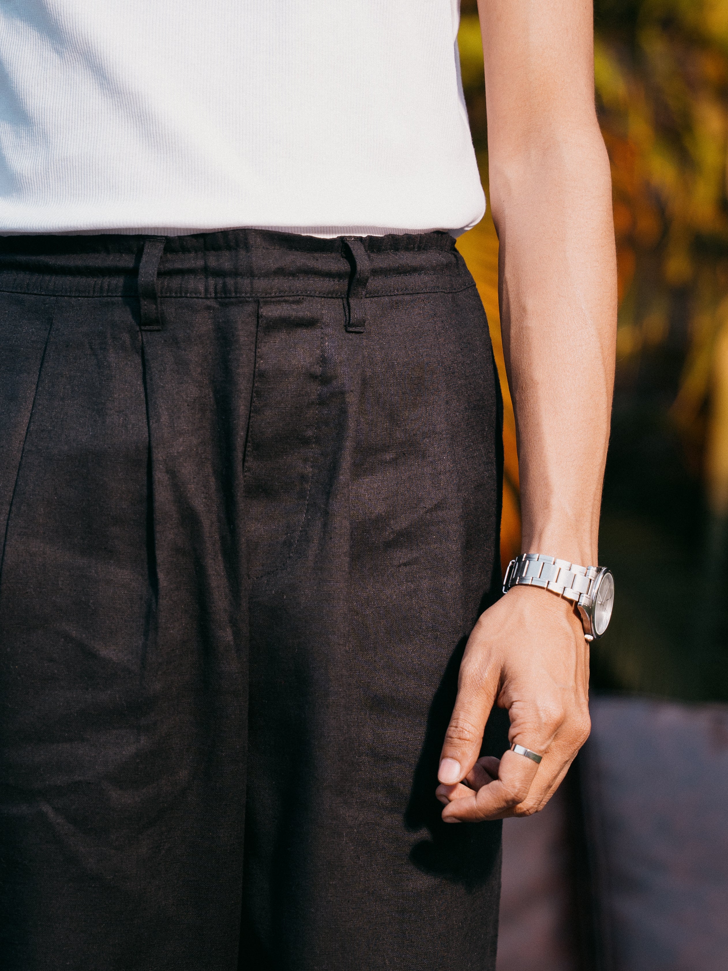 Straight Leg Pleated Linen effect Pants For Men - Black