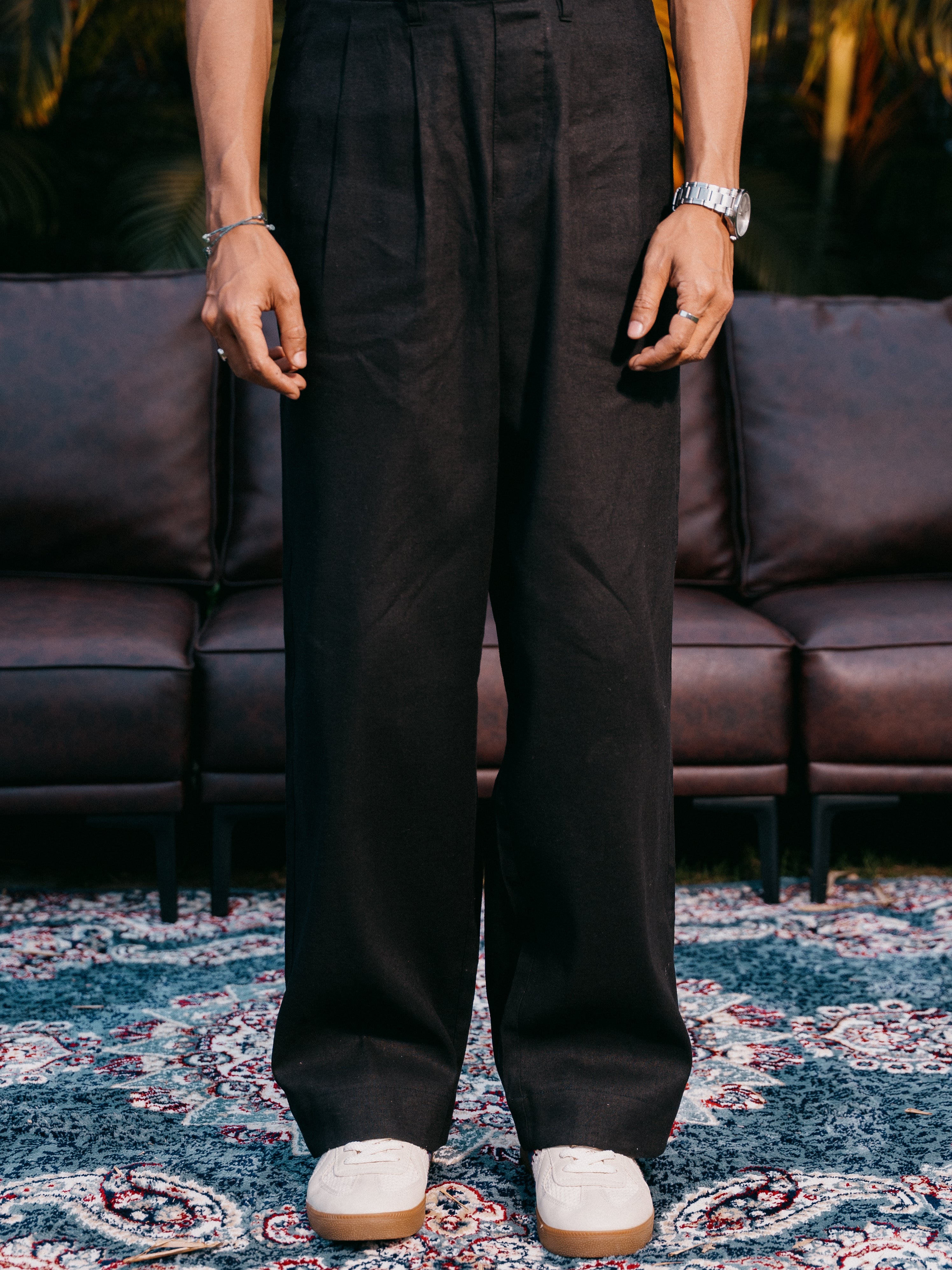 Straight Leg Pleated Linen effect Pants For Men - Black