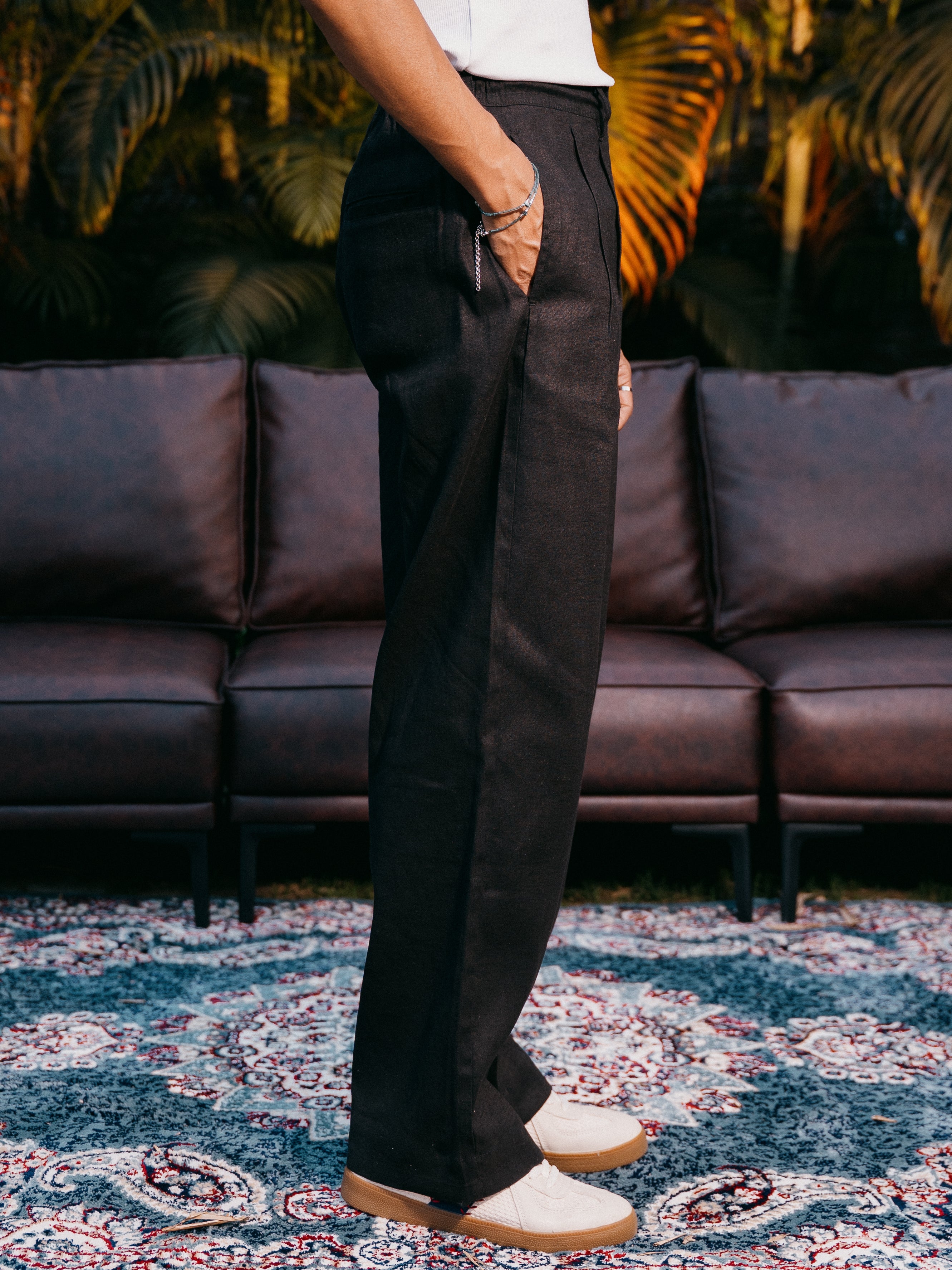 Straight Leg Pleated Linen effect Pants For Men - Black