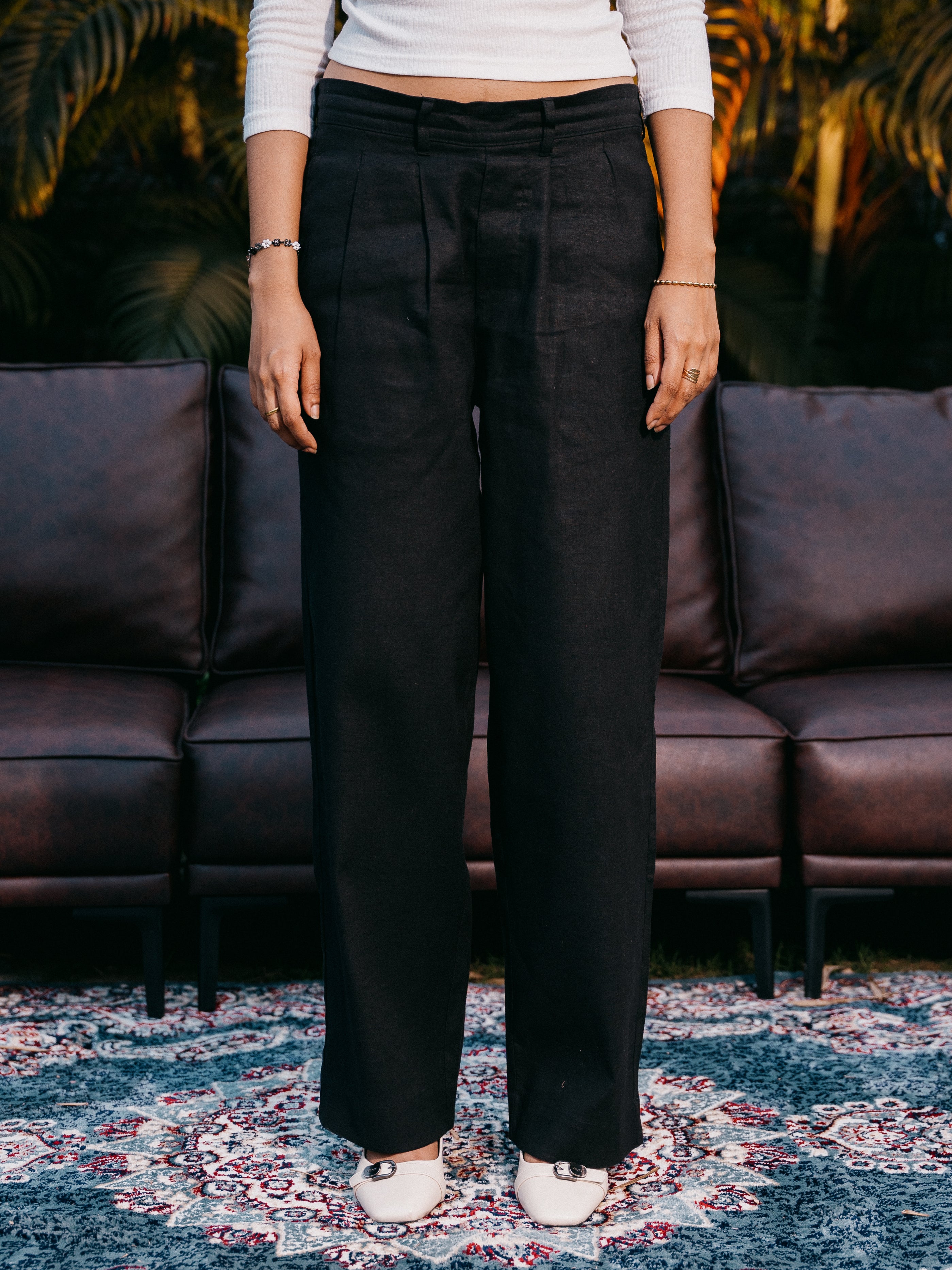 Straight Leg Pleated Linen effect Pants For Women - Black