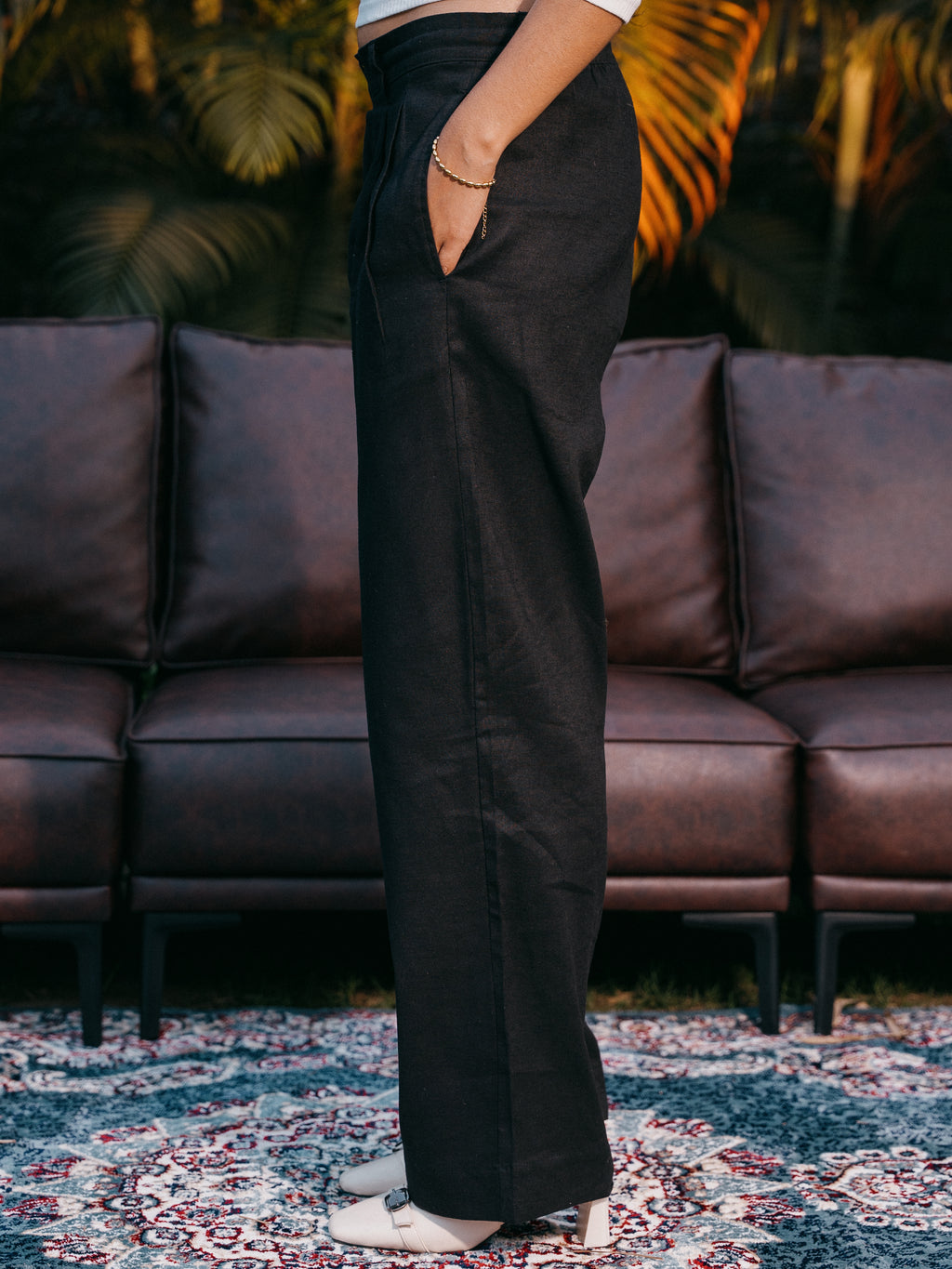 Straight Leg Pleated Linen effect Pants For Women - Black