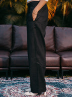 Straight Leg Pleated Linen effect Pants For Women - Black