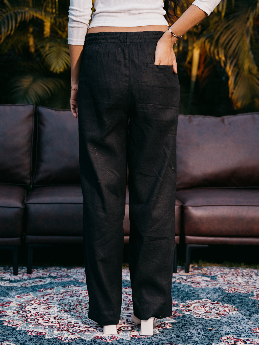 Straight Leg Pleated Linen effect Pants For Women - Black