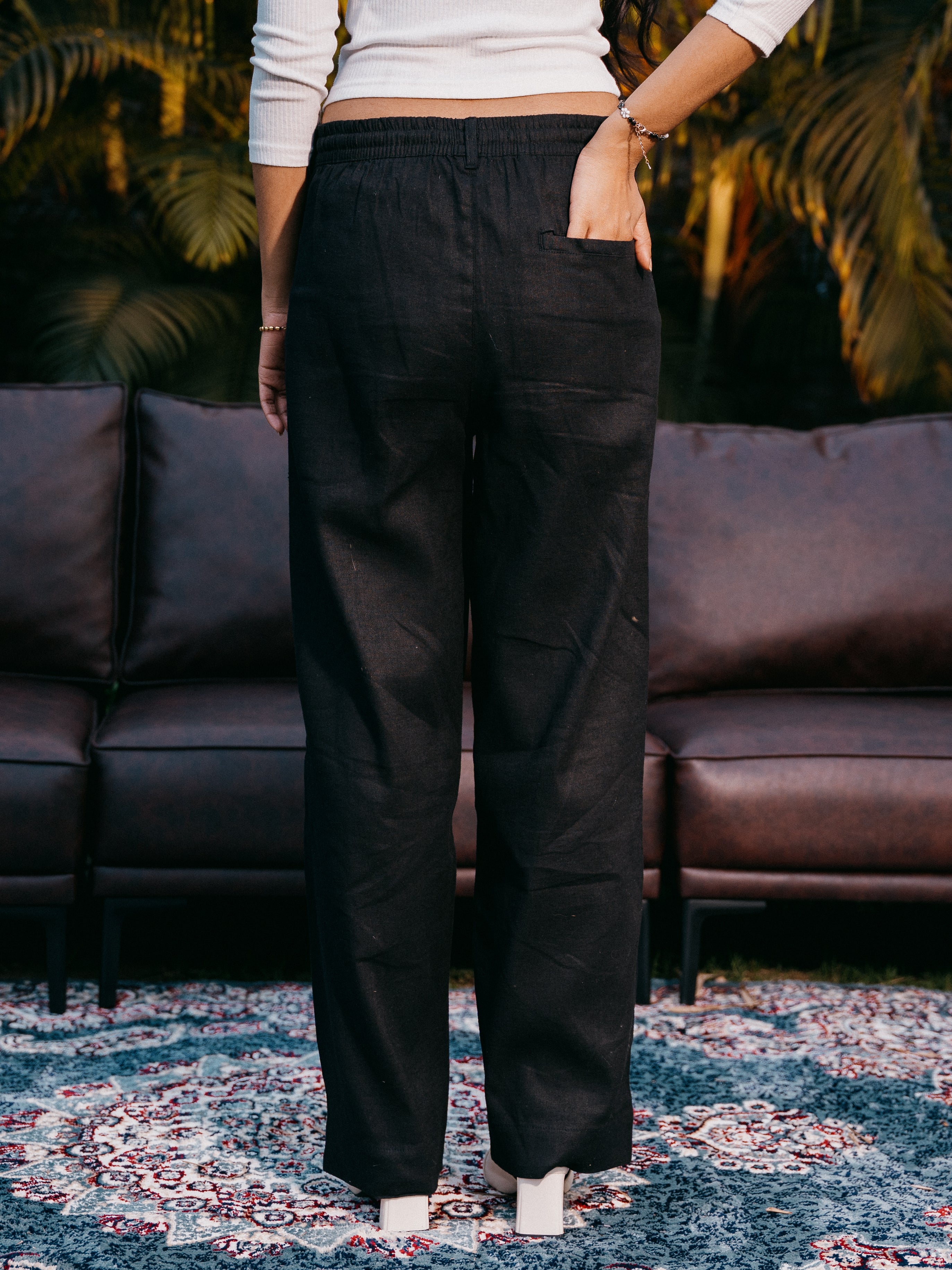 Straight Leg Pleated Linen effect Pants For Women - Black