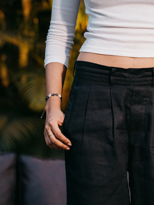 Straight Leg Pleated Linen effect Pants For Women - Black