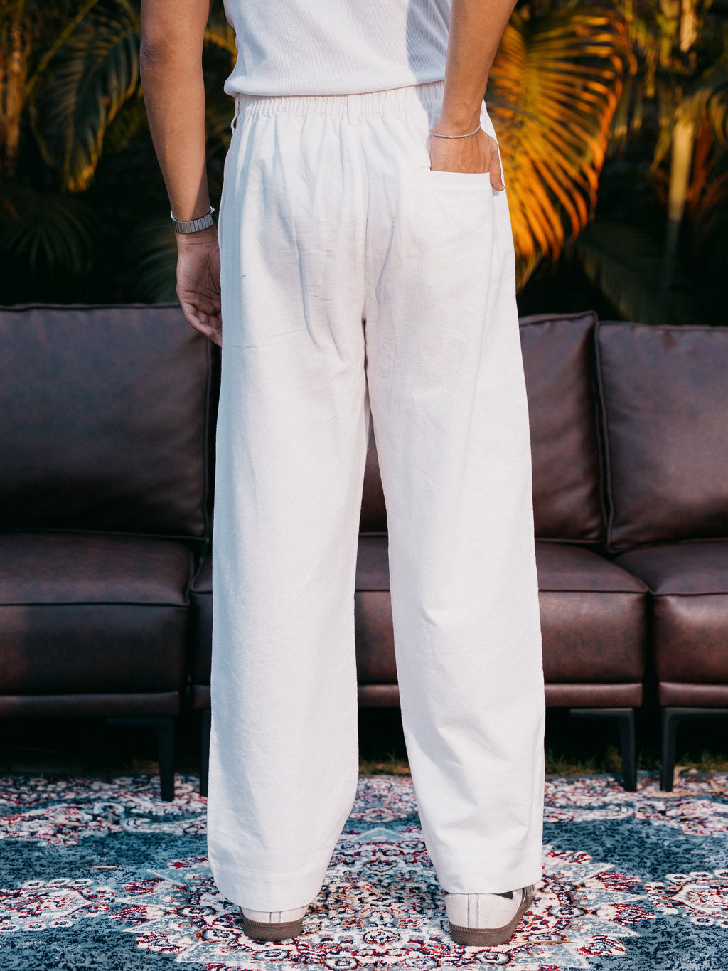 Straight Leg Pleated Linen effect Pants For Men - White