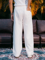 Straight Leg Pleated Linen effect Pants For Men - White