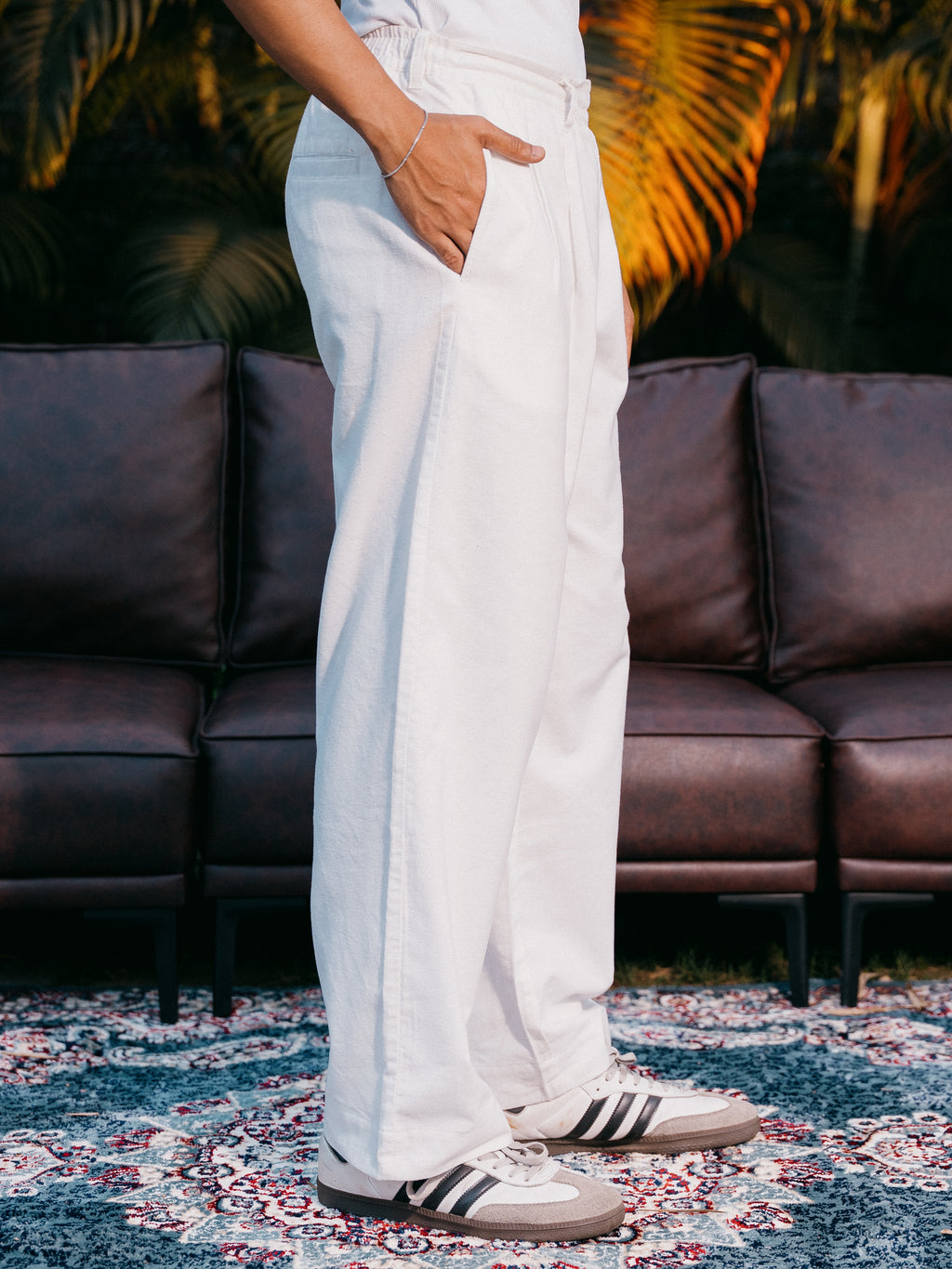 Straight Leg Pleated Linen effect Pants For Men - White