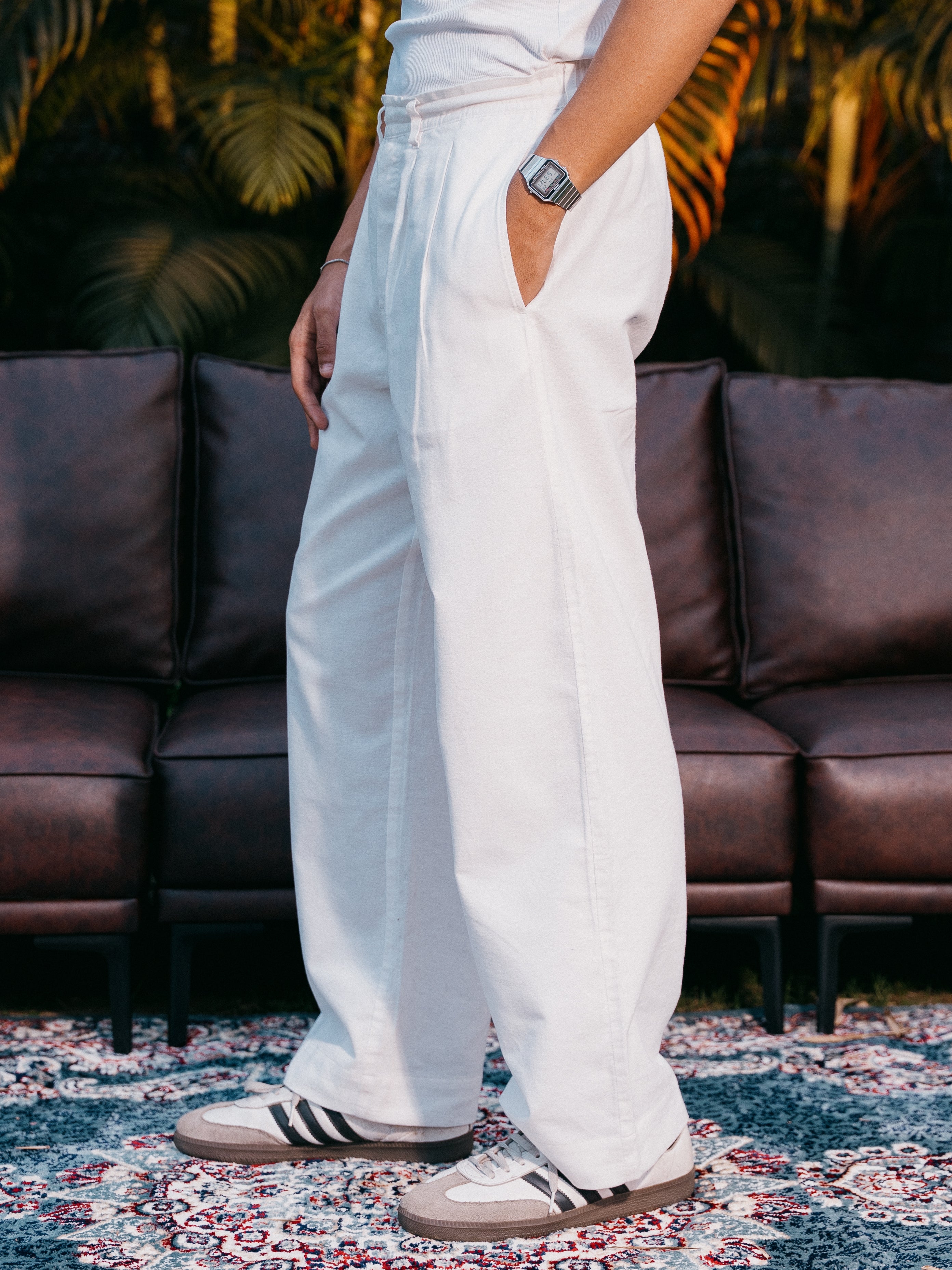 Straight Leg Pleated Linen effect Pants For Men - White