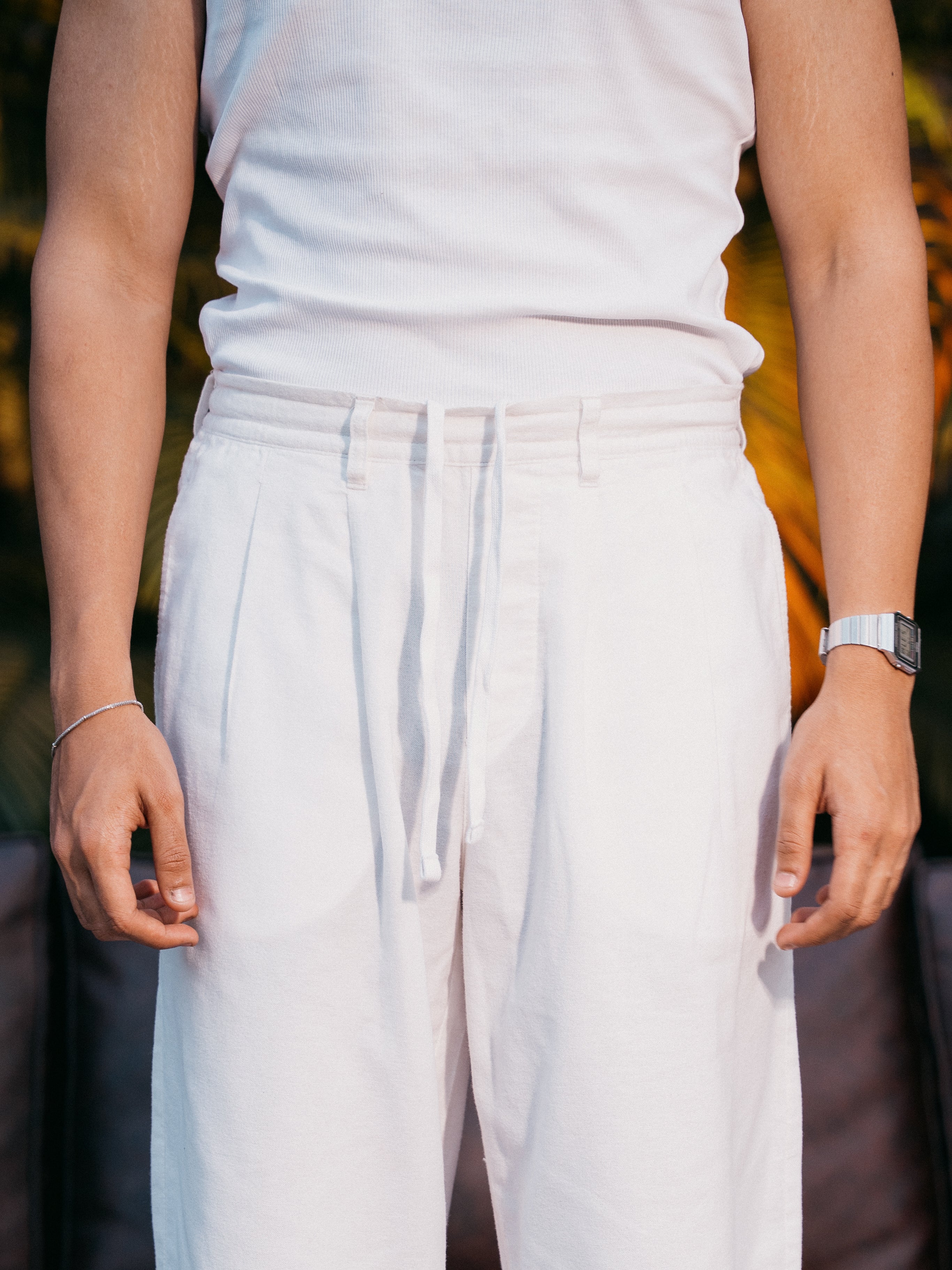 Straight Leg Pleated Linen effect Pants For Men - White
