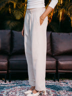 Straight Leg Pleated Linen effect Pants For Women - Sand