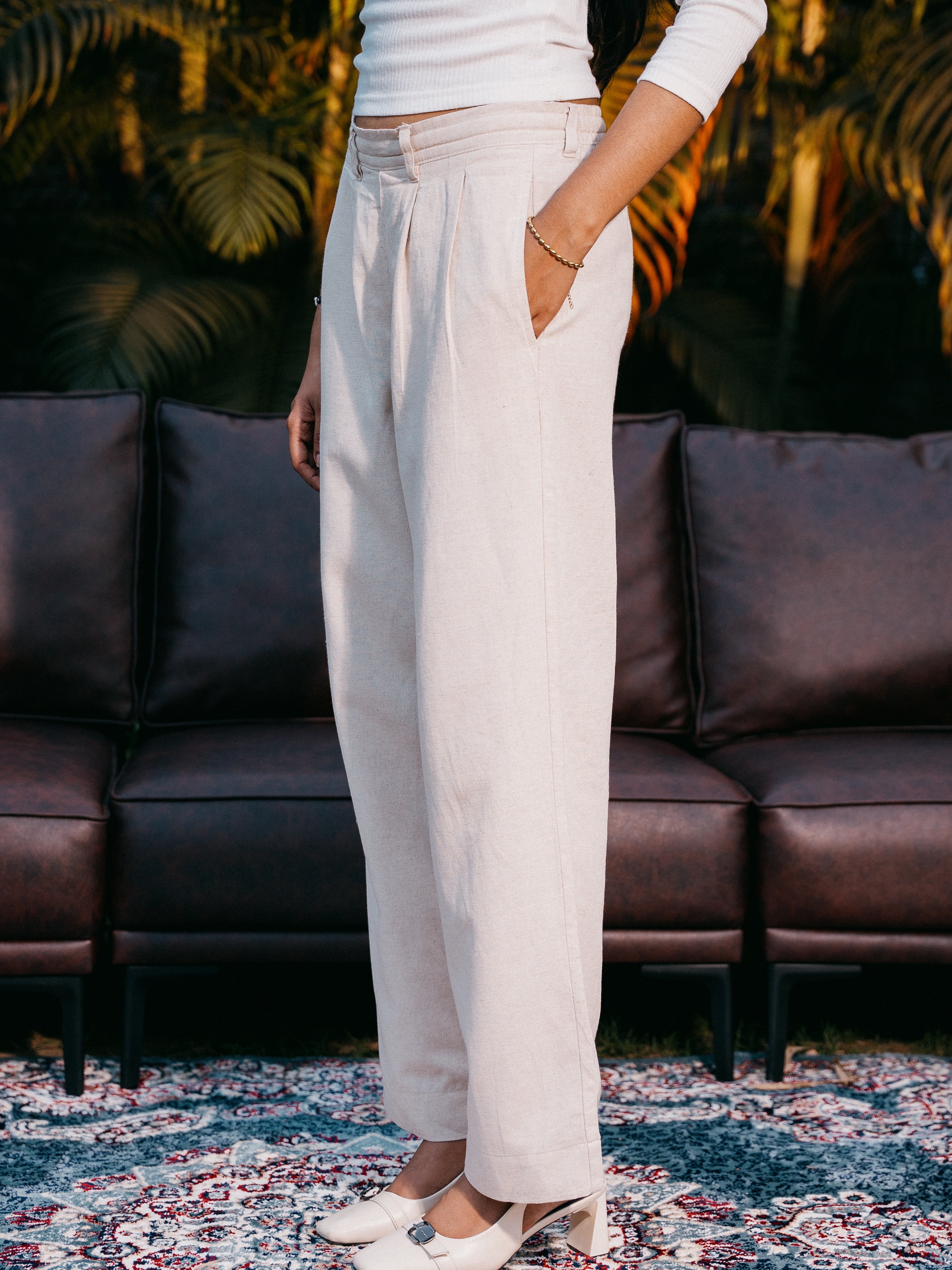 Straight Leg Pleated Linen effect Pants For Women - Sand