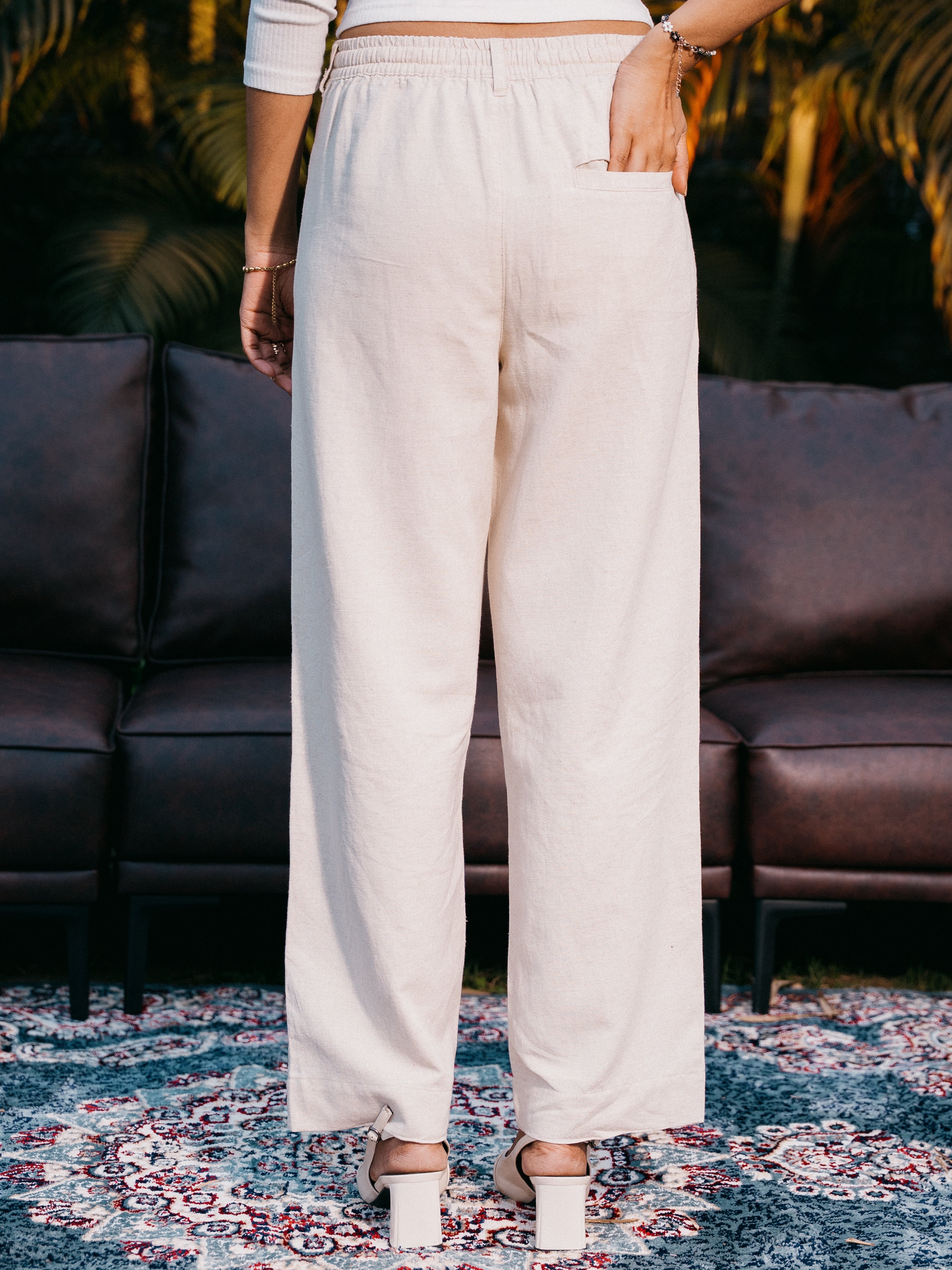 Straight Leg Pleated Linen effect Pants For Women - Sand