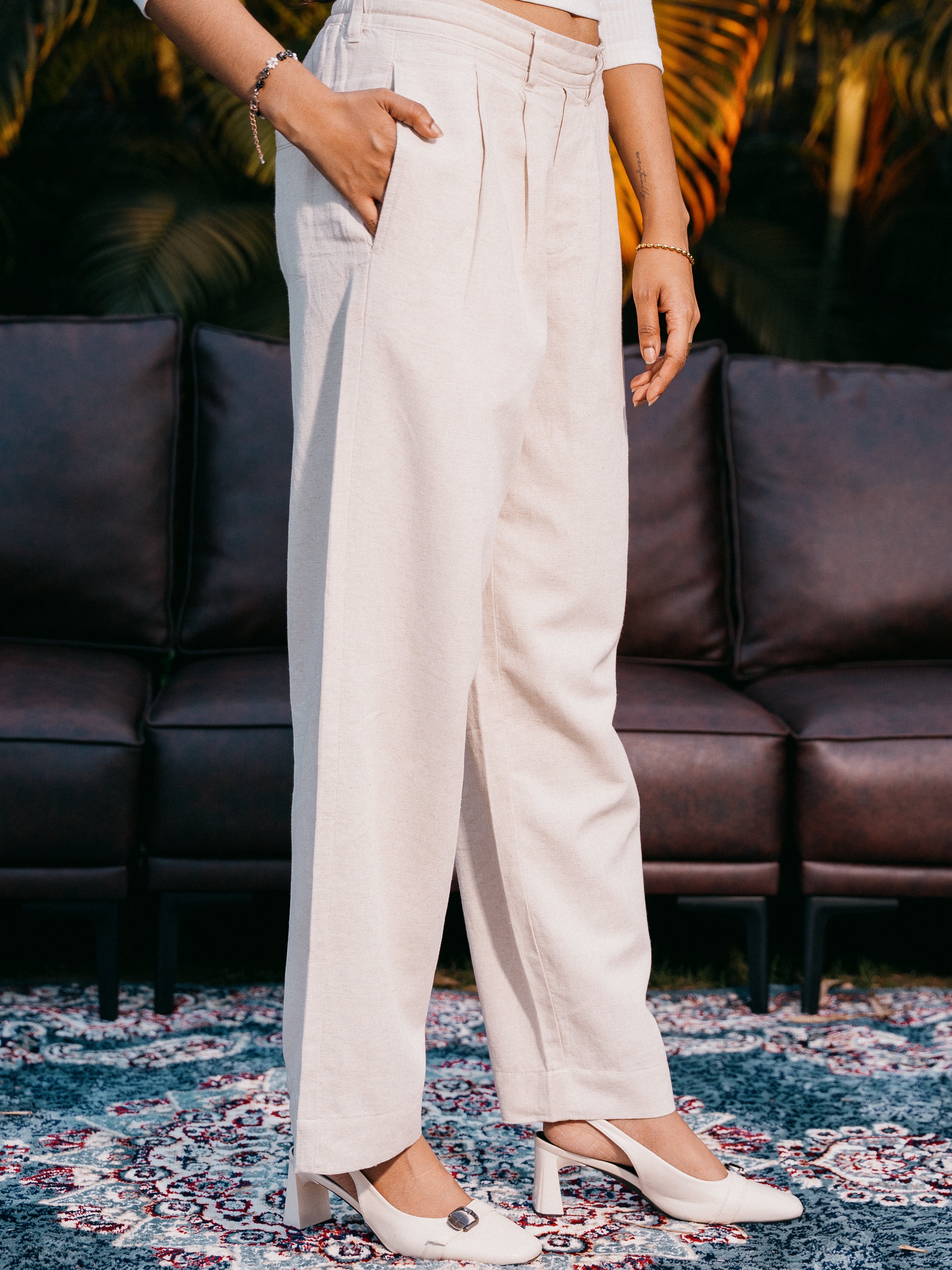 Straight Leg Pleated Linen effect Pants For Women - Sand