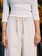 Straight Leg Pleated Linen effect Pants For Women - Sand