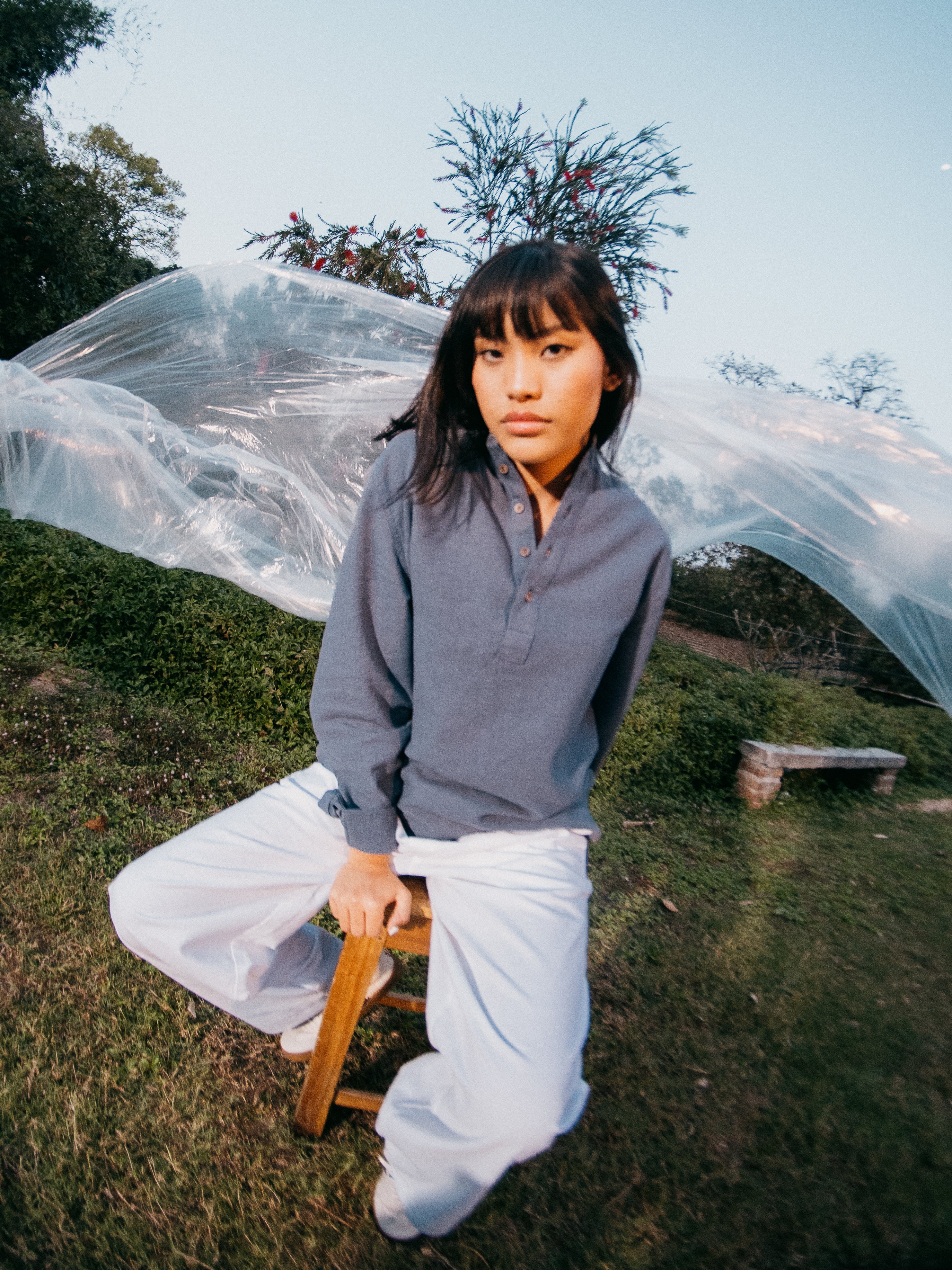 Linen Henley Katua - Marble Blue - Unisex