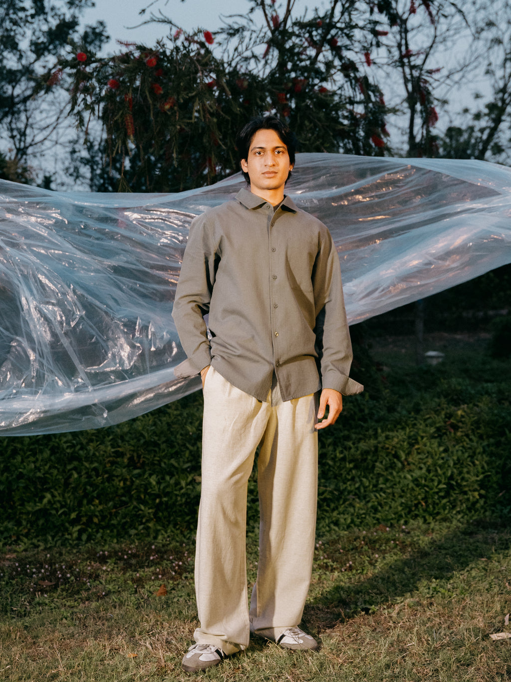 The European Collar - Linen Effect - Long Sleeve Shirt For Men - Light Olive