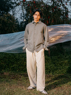 The European Collar - Linen Effect - Long Sleeve Shirt For Men - Light Olive