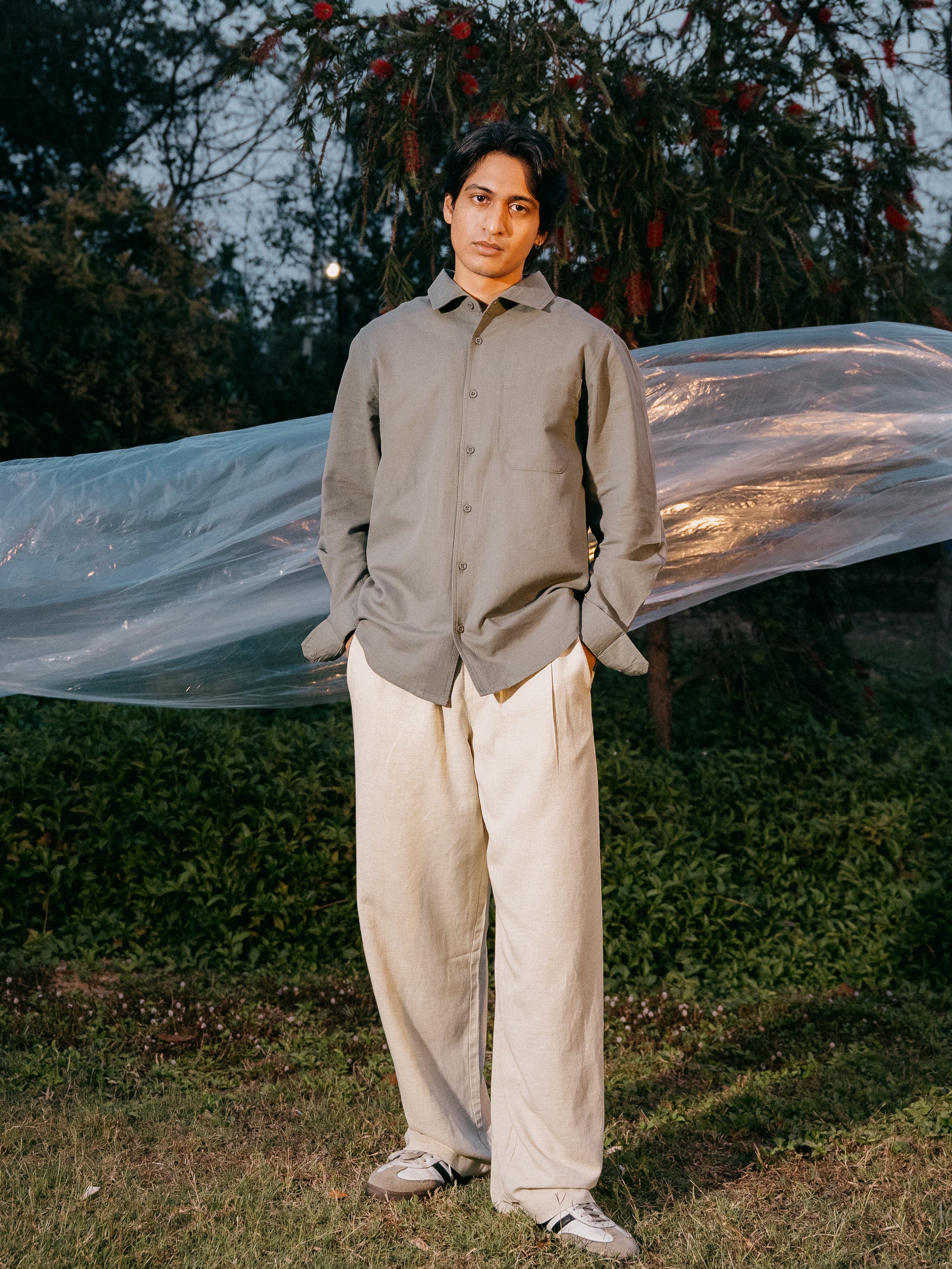 The European Collar - Linen Effect - Long Sleeve Shirt For Men - Light Olive