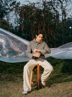 The European Collar - Linen Effect - Long Sleeve Shirt For Men - Light Olive