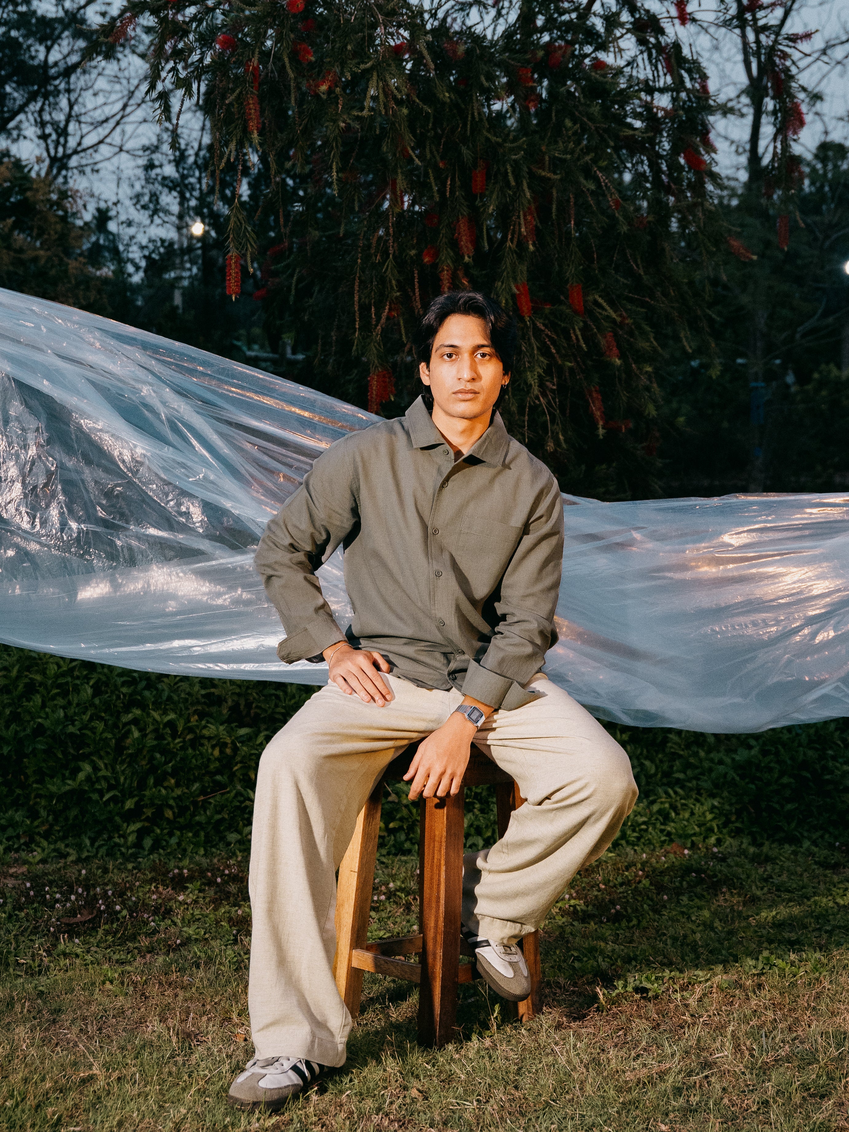 The European Collar - Linen Effect - Long Sleeve Shirt For Men - Light Olive