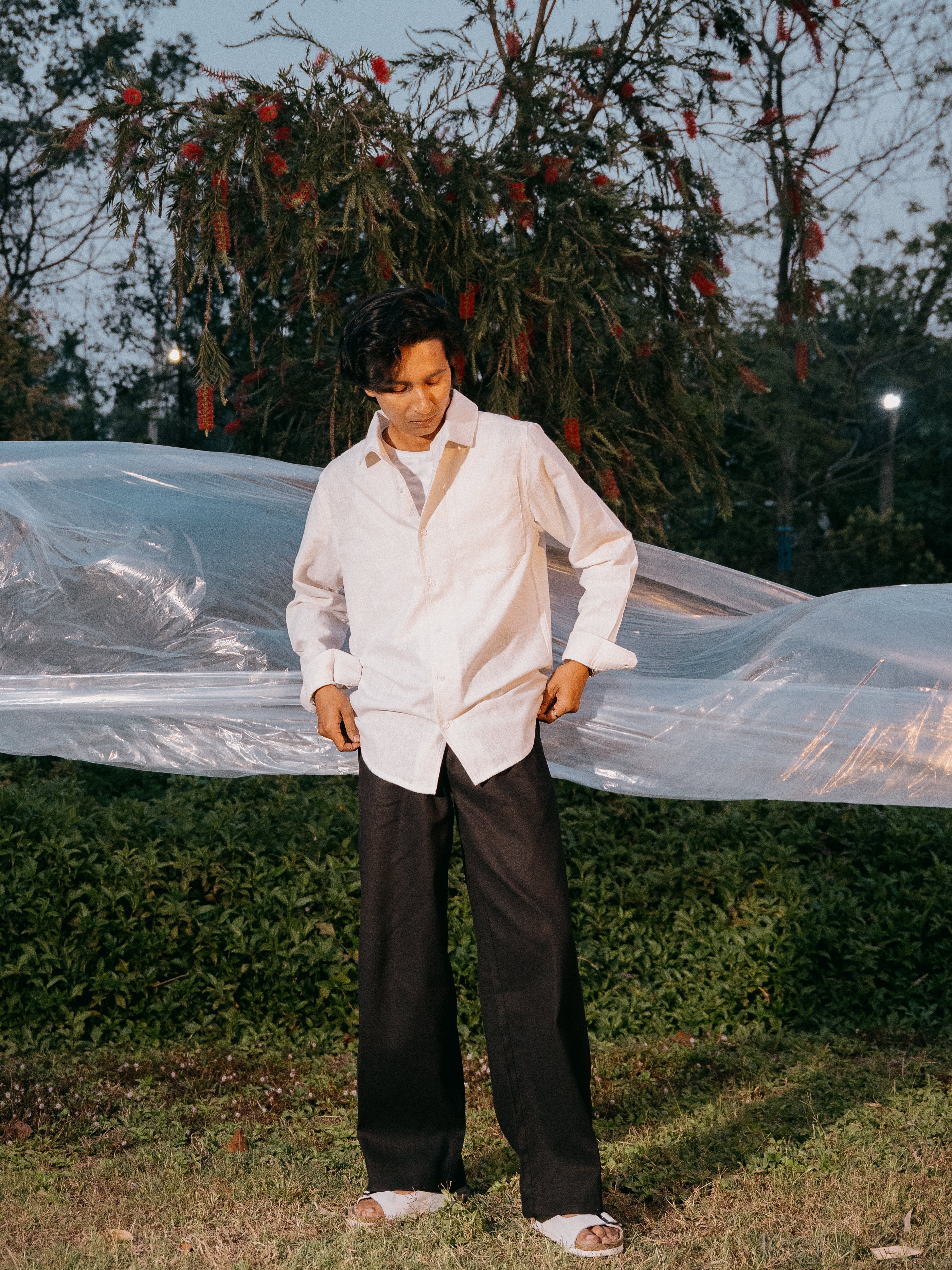 The European Collar - Linen Effect - Long Sleeve Shirt For Men - White