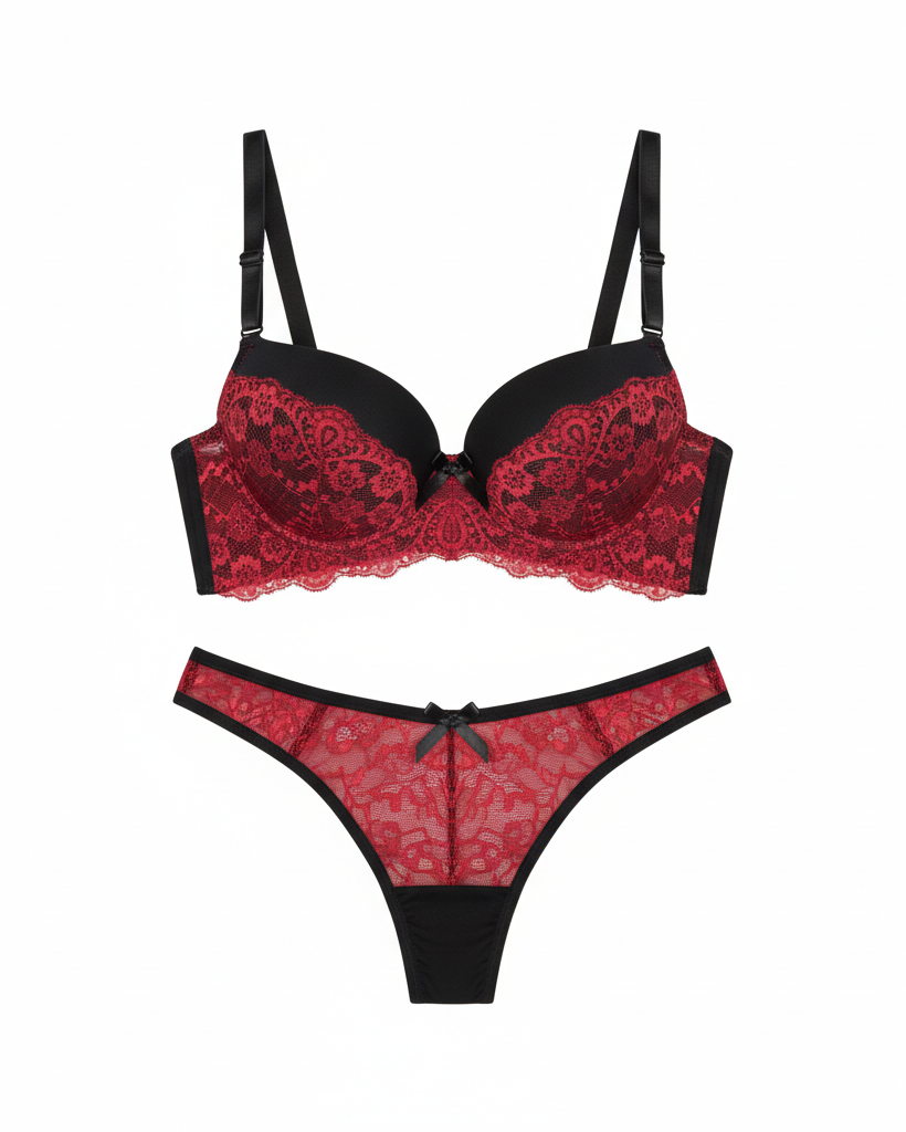 Noir Bra & Panty Set - Black and Red
