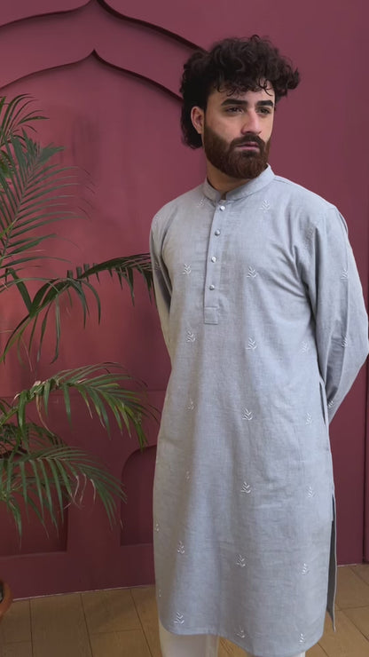 Azfar - Ash Blue All-Over Embroidered Panjabi