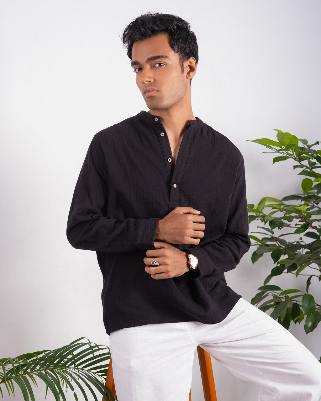 Waffle Henley for Men - Black