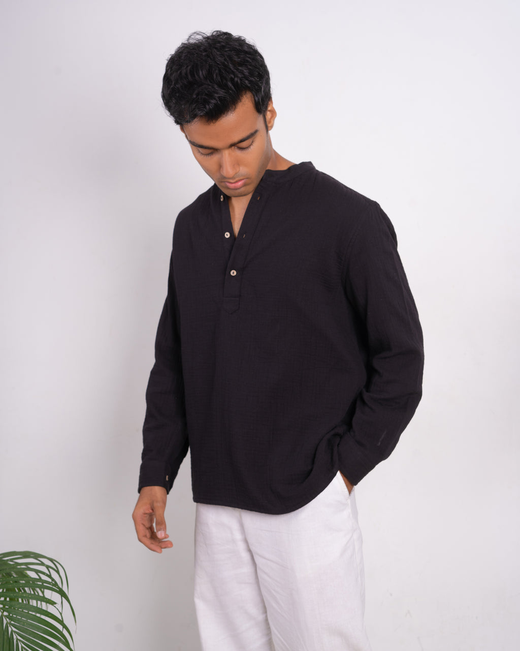 Waffle Henley for Men - Black