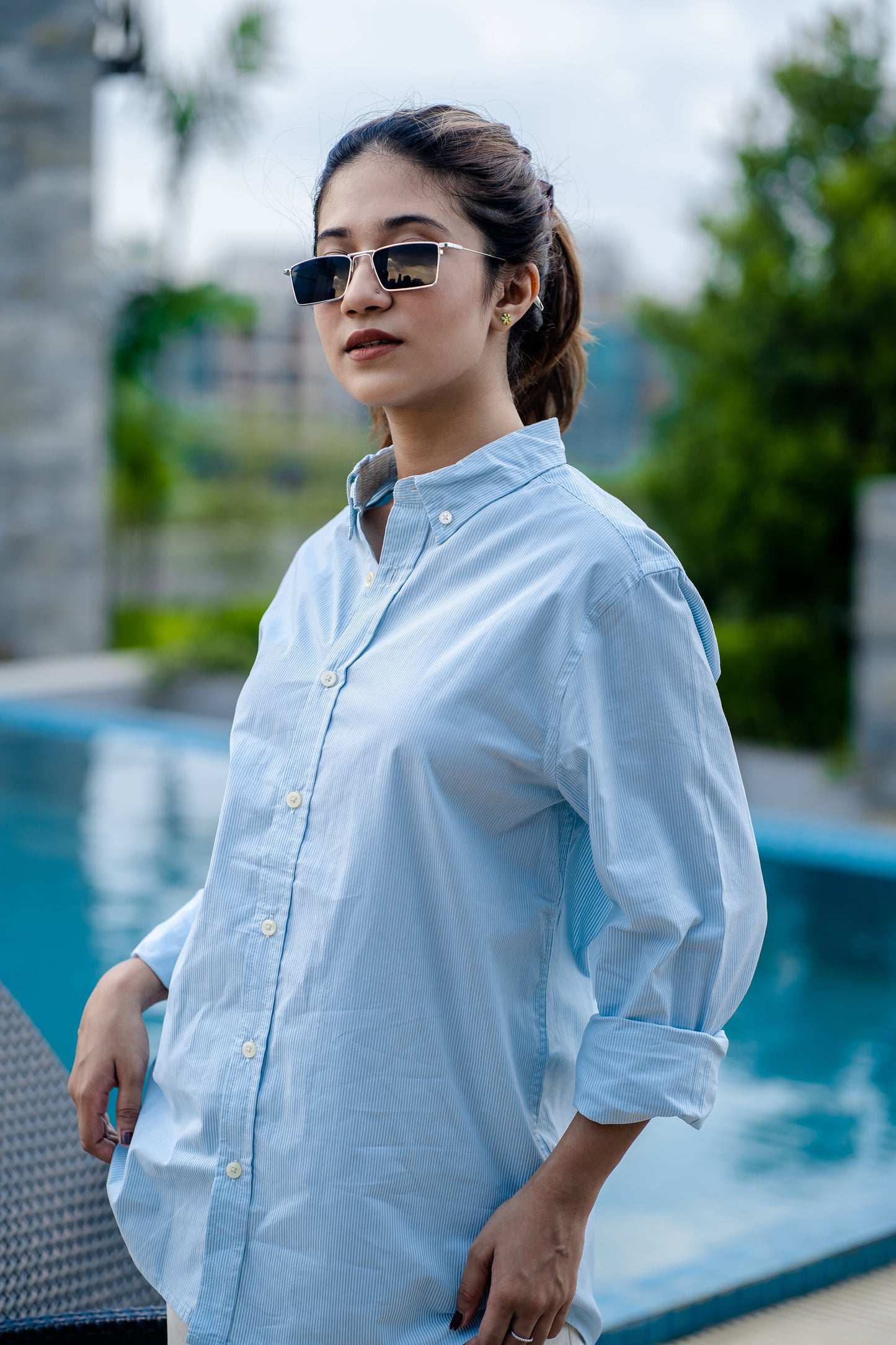 Aqua Stripe - Casual Shirt For Women